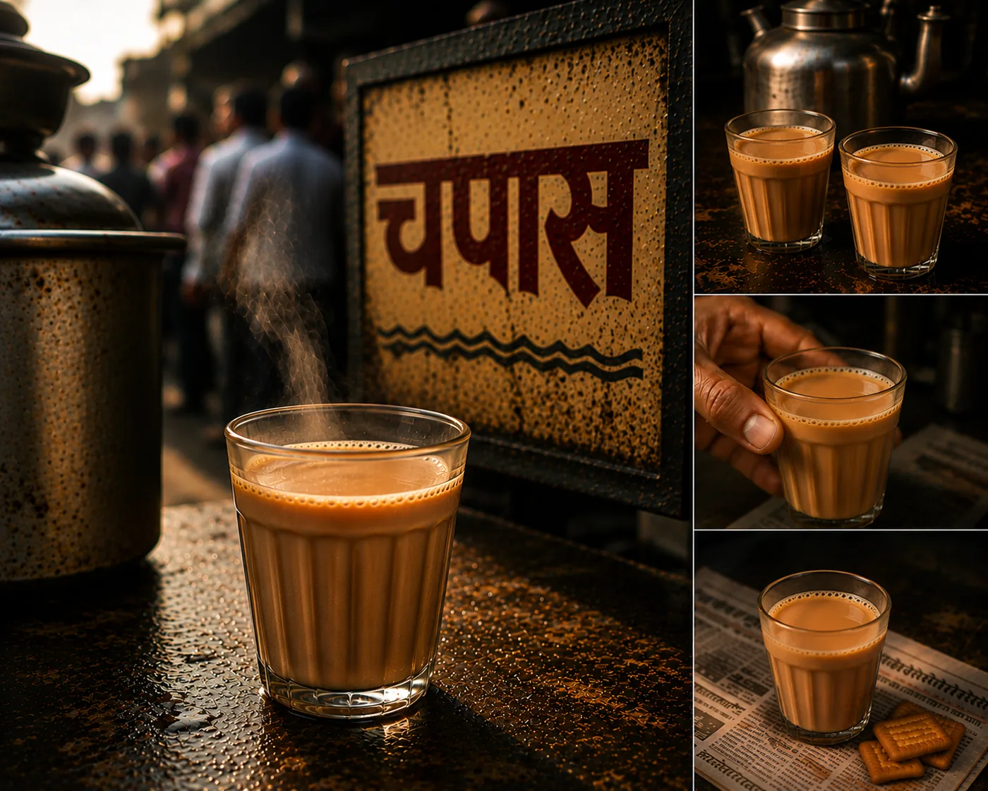 Steaming cutting chai beside the Chapas sign