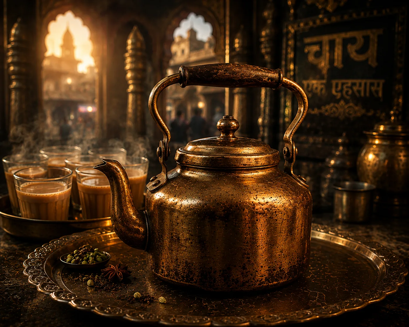 Ketli package — brass chai kettle with glasses of masala chai