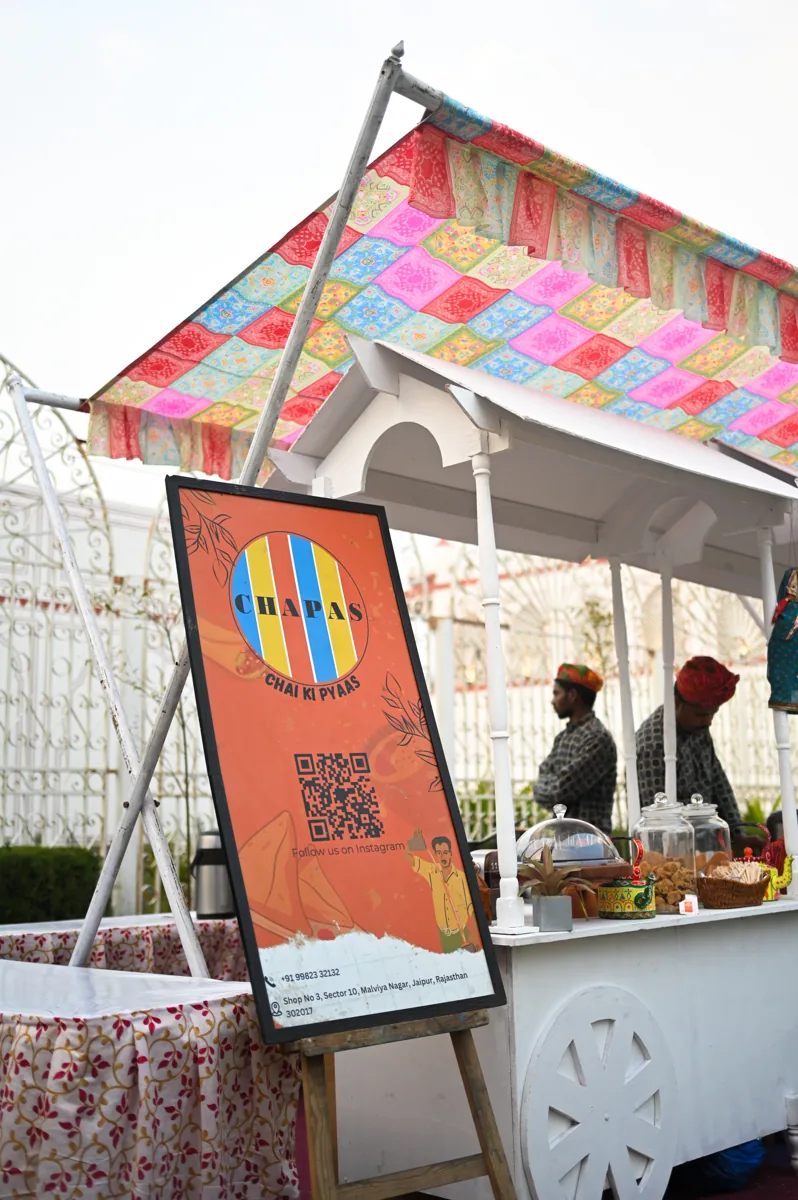 Chapas & Ketali live chai cart with turbaned servers at an outdoor event in Jaipur